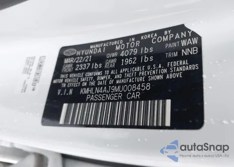 2021 Hyundai Elantra Hybrid Limited z USA, uszkodzony, nr VIN KMHLN4AJ9MU008458